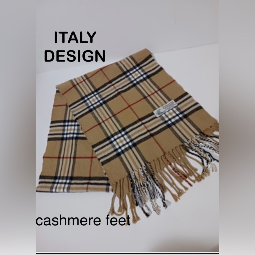 Italian designed tan black and red plaid scarf 14” x 56”